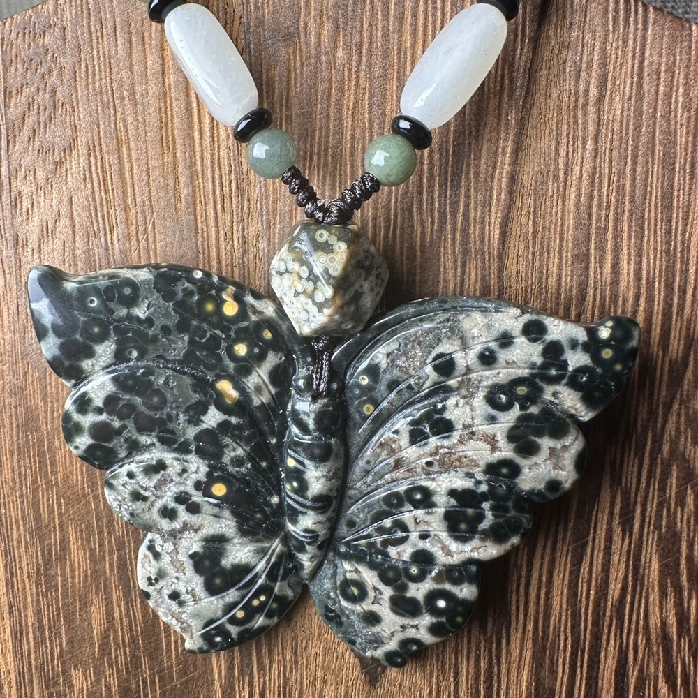 Large Ocean Jasper Pendant Necklace, Ocean Jasper Bead, Adjustable Jade Rope